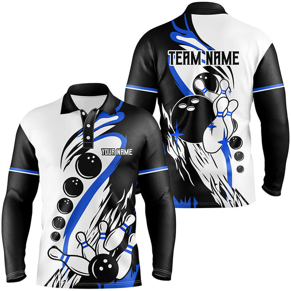 Black and white retro bowling league jerseys custom Men Bowling Polo Shirt, gifts for bowlers | Blue NQS7154