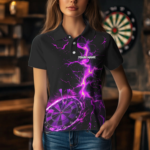 Women Darts Polo, Quarter Zip shirts Custom black and purple lightning thunder Darts Team Jerseys NQS9492