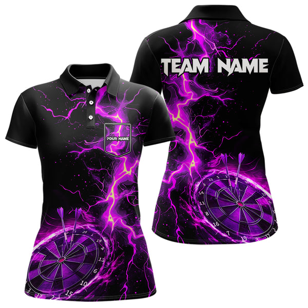 Women Darts Polo, Quarter Zip shirts Custom black and purple lightning thunder Darts Team Jerseys NQS9492