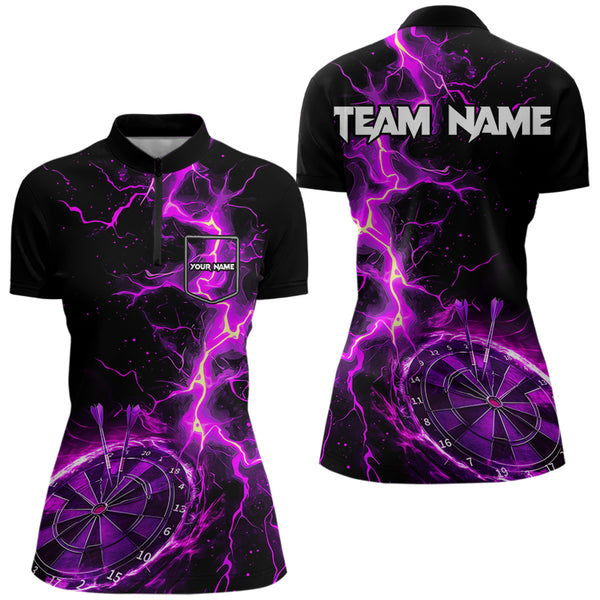 Women Darts Polo, Quarter Zip shirts Custom black and purple lightning thunder Darts Team Jerseys NQS9492