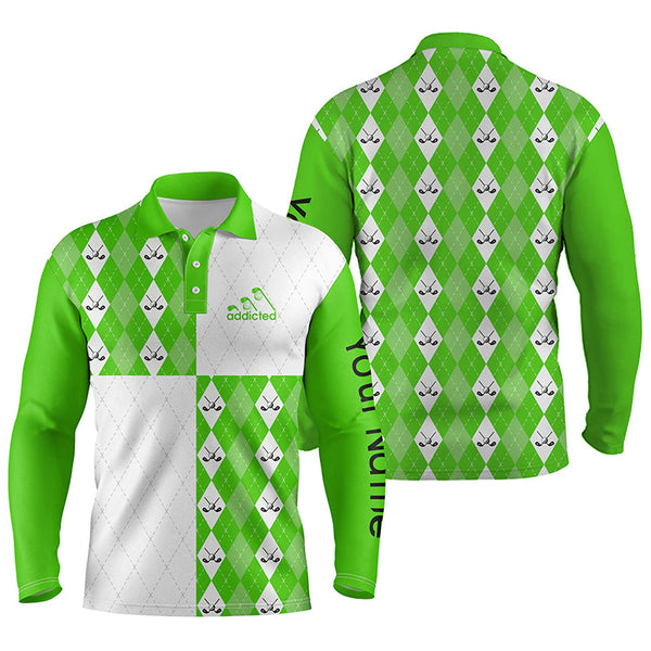 Golf addicted Mens golf polo shirts custom green and white golf ball clubs argyle plaid pattern golf NQS5438