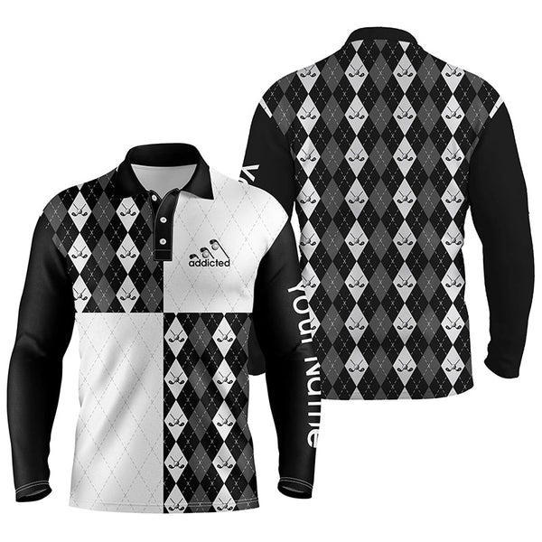 Golf addicted Mens golf polo shirts custom black and white golf ball clubs argyle plaid pattern golf NQS5439