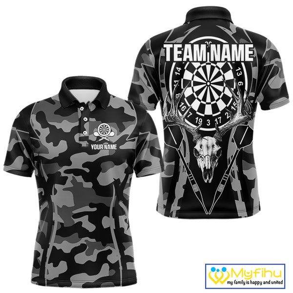 Deer Skull Darts Board Gray Camo Darts Polo, Quarter zip Shirts For Men Custom Team Darts Jersey NQS9934