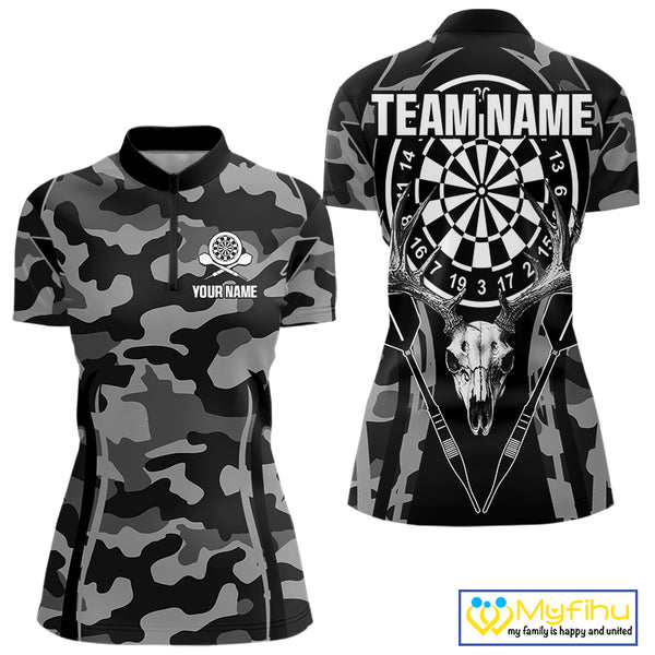 Deer Skull Darts Board Gray Camo Darts Polo, Quarter zip Shirts For Women Custom Team Darts Jersey NQS9934