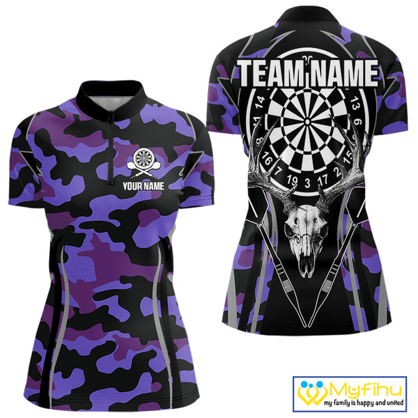 Deer Skull Darts Board Purple Camo Darts Polo, Quarter zip Shirts For Women Custom Team Darts Jersey NQS9935