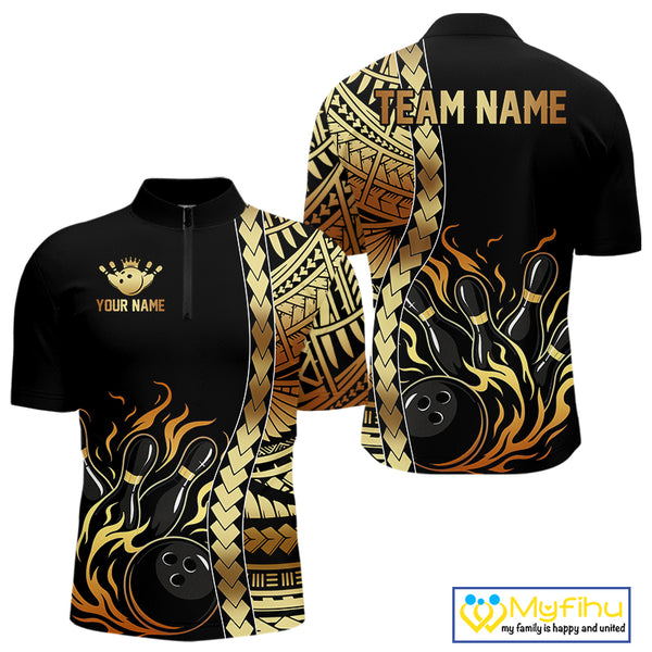 Custom Black And Gold Flame tribal pattern Bowling Team Polo, 1/4 Zip Shirts For Men, Bowling Jerseys NQS10093