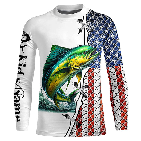 Mahi mahi fishing American flag patriotic 4th July Custom performance fishing shirts NQS2074