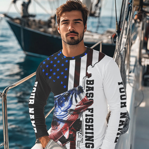 Personalized Largemouth Bass Fishing jerseys American flag Bass Long Sleeve Fishing tournament shirts NQS3723
