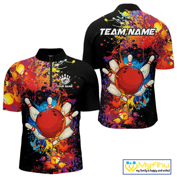 Colorful bowling jerseys Bowling Polo, 1/4 Zip Shirt for Men Custom Bowling Team shirts for bowlers NQS10416