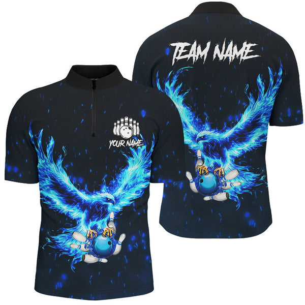 Blue Flame Eagle Custom Bowling Polo, Quarter Zip Shirt For Men Personalized Bowling Team Jerseys NQS8906