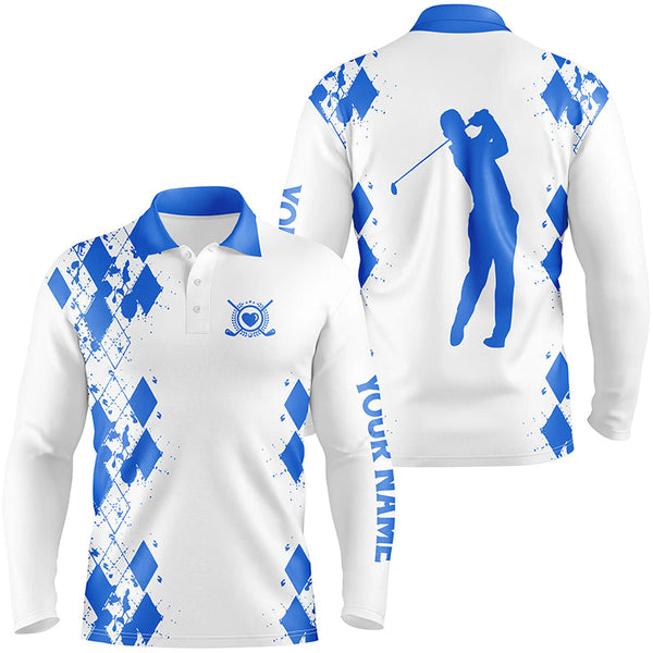 Mens golf polos shirts custom name swing swear repeat white golf shirt, golfing gifts | Blue NQS4507