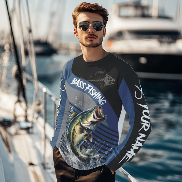 Largemouth Bass fishing Custom UV protection fishing long sleeve shirt, Bass Fishing jerseys | Blue NQS9351