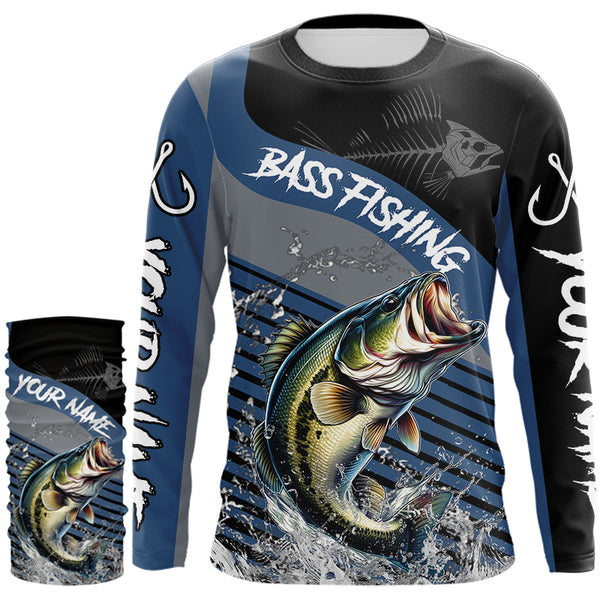 Largemouth Bass fishing Custom UV protection fishing long sleeve shirt, Bass Fishing jerseys | Blue NQS9351