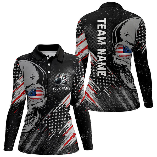 Black American flag retro bowling league jerseys custom skull Women Bowling Polo Shirts, bowler gifts NQS7158