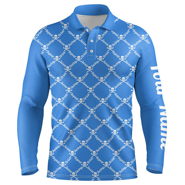 Mens golf polo shirt swing swear drink repeat golf skull custom name golf wear for mens | Blue NQS4885