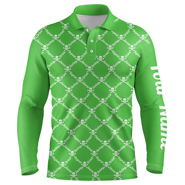 Mens golf polo shirt swing swear drink repeat golf skull custom name golf wear for mens | Green NQS4885