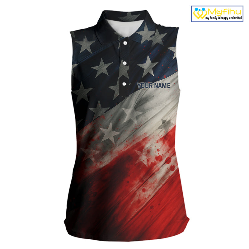 Personalized sleeveless golf polos shirts American flag 4th July custom patriotic ladies golf wears NQS9945