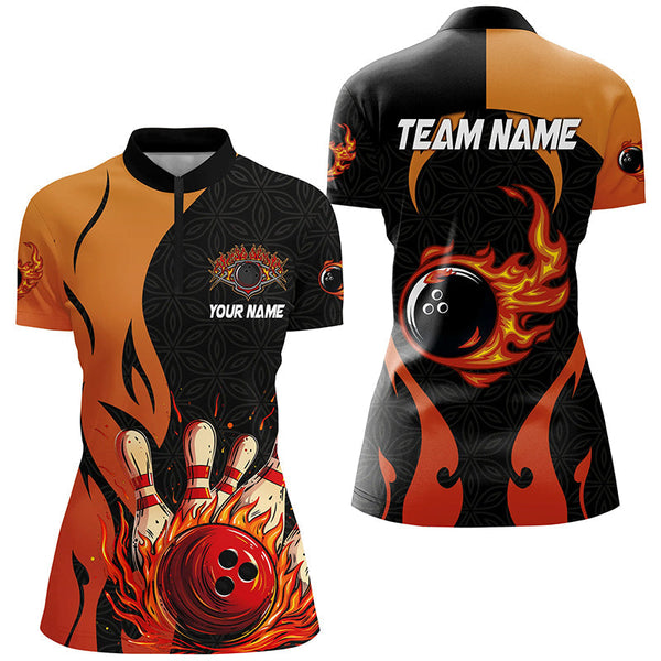Black and Orange Flame Bowling Polo, Quarter Zip shirts for women custom team bowling jersey bowl gift NQS7799