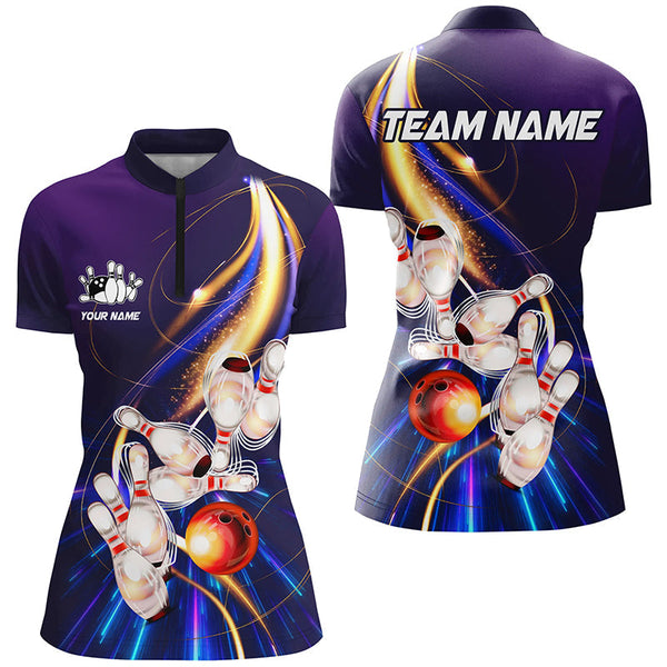 Purple light bowling jerseys Polo, 1/4 Zip Shirt for Women Custom Bowling Team shirts for bowlers NQS8030