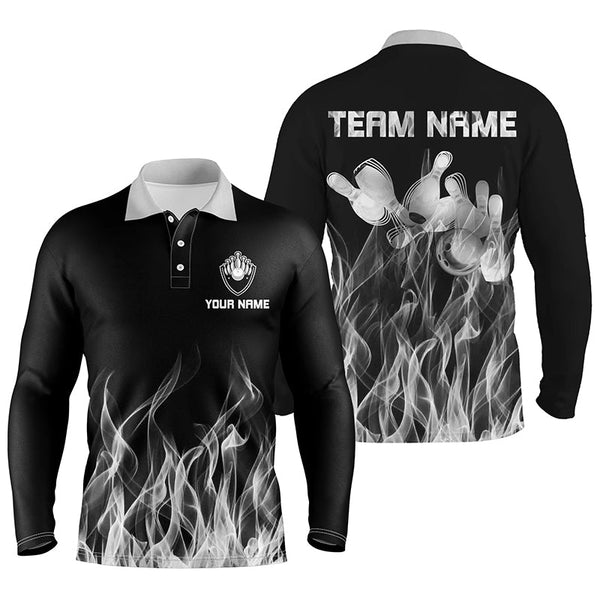 Personalized Men polo Bowling Shirt white Flame Bowling Ball and Pins bowling jerseys for men Bowler NQS6821