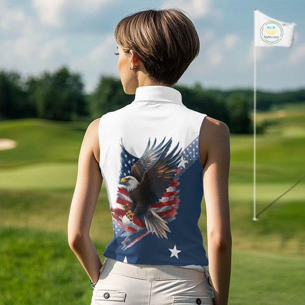 Red, White and Blue American Flag Eagle Custom Women Sleeveless polos, patriotic ladies golf outfit NQS10104