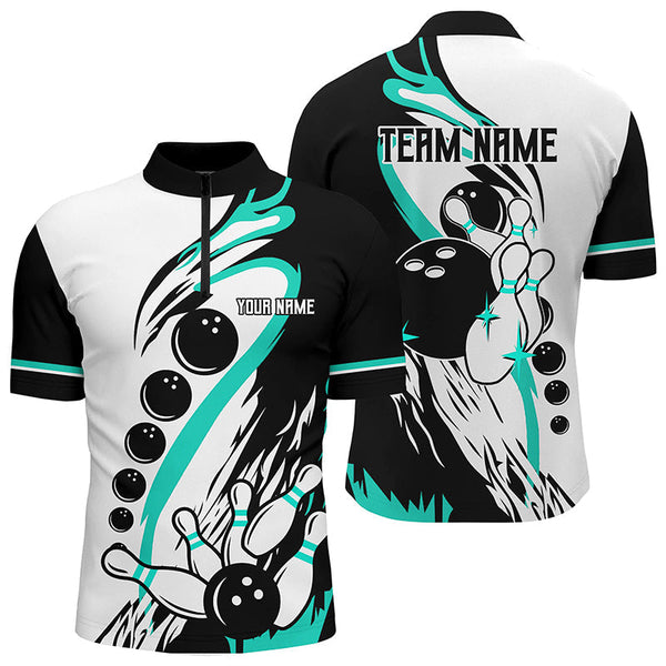 Black and white retro bowling league jerseys custom Men Bowling Shirts, gifts for bowlers | Turquoise NQS8229