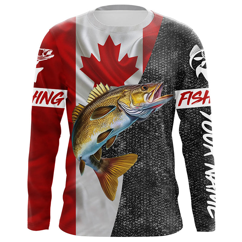 Canadian Flag Walleye Fishing Custom long sleeve performance Fishing Shirts, Walleye Fishing jerseys NQS4897