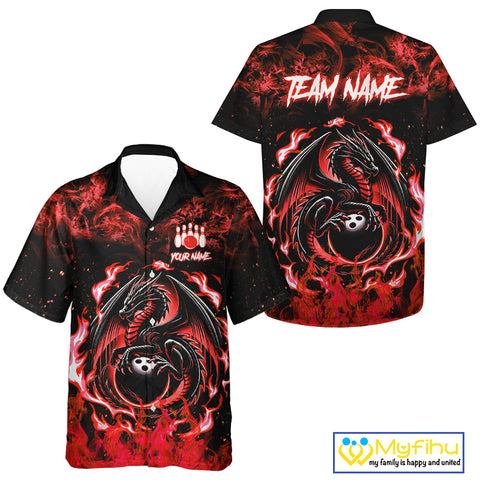 Black and Red Flame Dragon Bowling hawaiian shirt Custom Bowling Team button up shirts NQS10245
