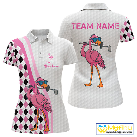 Funny Women golf polo shirt custom pink and black argyle pattern flamingo white golf shirts NQS10252