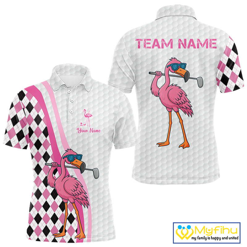 Funny Mens golf polo shirt custom pink and black argyle pattern flamingo white golf shirts NQS10252