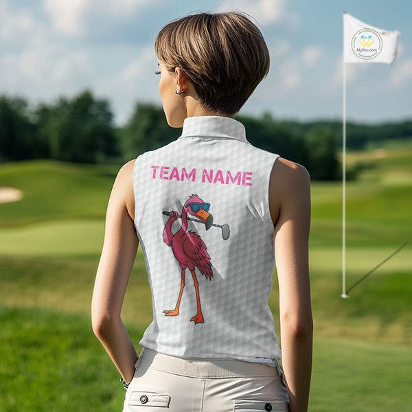 Funny Women Sleeveless Polo Shirt custom pink and black argyle pattern flamingo white golf shirts NQS10252