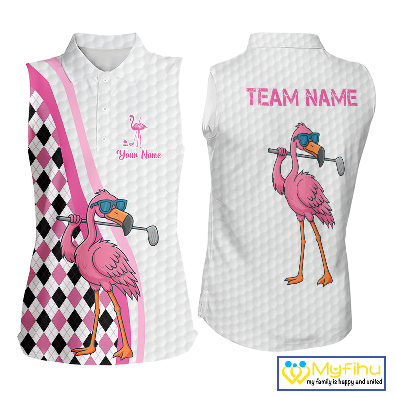 Funny Women Sleeveless Polo Shirt custom pink and black argyle pattern flamingo white golf shirts NQS10252