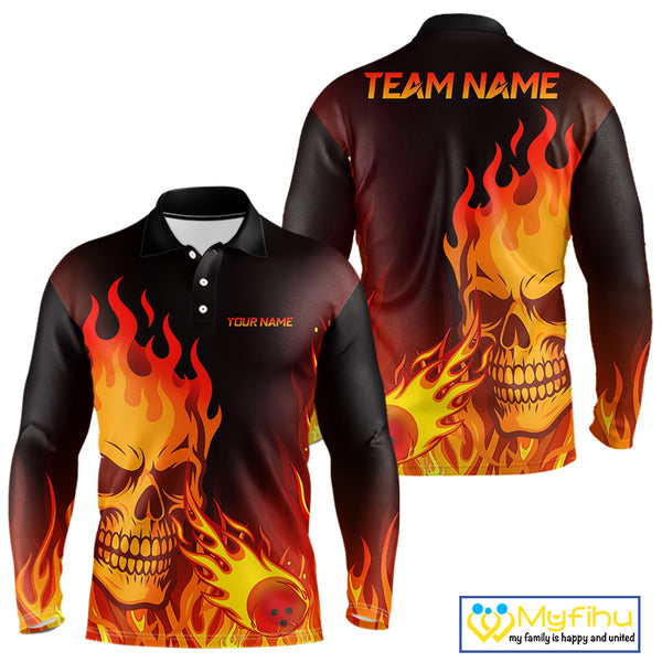 Flame Skull Bowling Polo, Quarter Zip Shirts for Men Custom Skull Fire Bowling Team Outfit Uniform NQS10444