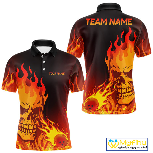 Flame Skull Bowling Polo, Quarter Zip Shirts for Men Custom Skull Fire Bowling Team Outfit Uniform NQS10444