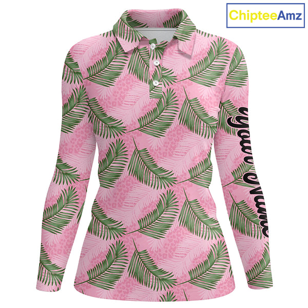 Women golf polo shirt custom pink leopard palm leaves tropical golf shirts, womens golf clothes NQS6373