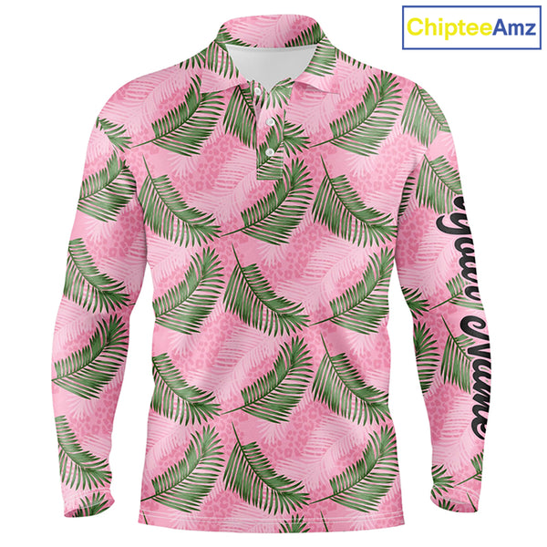 Mens golf polo shirt custom pink leopard palm leaves tropical golf shirts, golf clothes for men NQS6373
