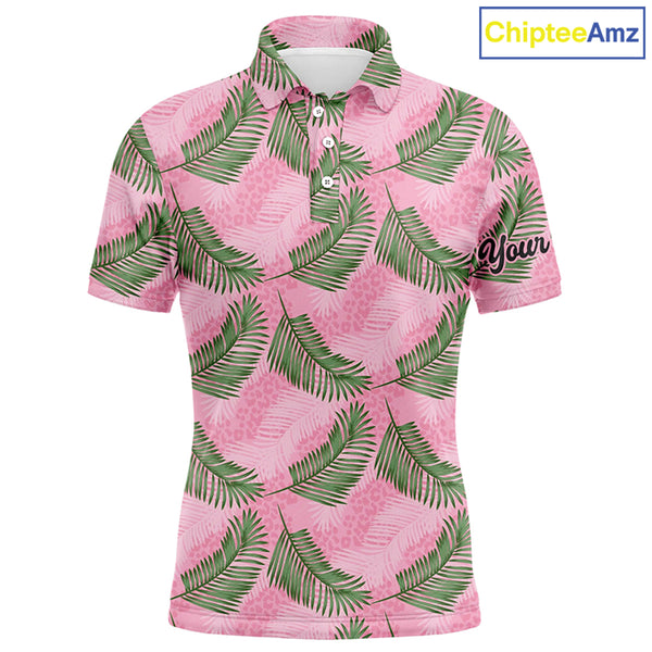Mens golf polo shirt custom pink leopard palm leaves tropical golf shirts, golf clothes for men NQS6373