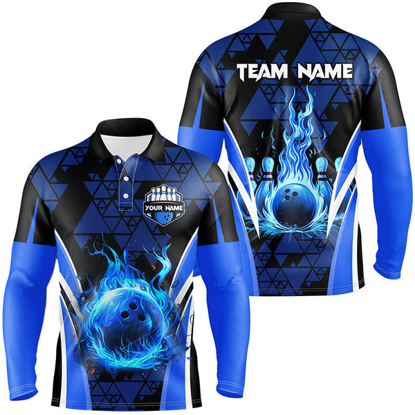 Blue triangle pattern flame bowling ball pins custom Men Bowling Polo Shirts, team bowling jerseys NQS7464