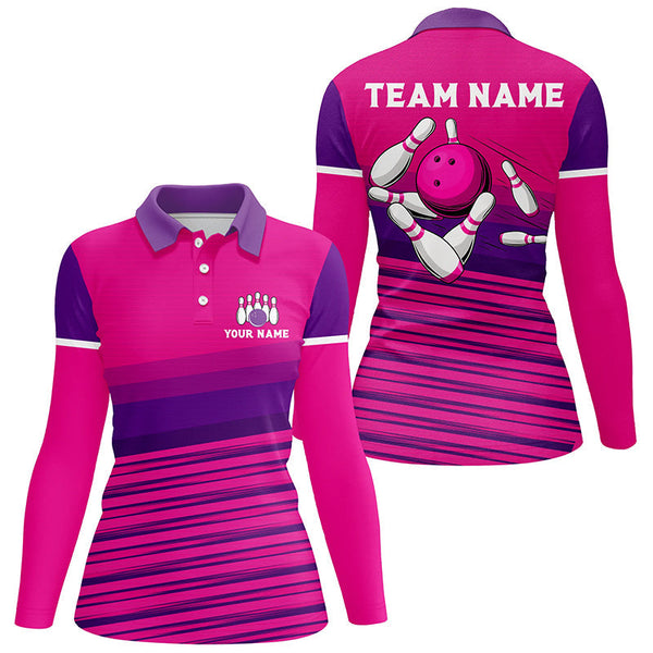 Pink pattern bowling ball pins custom Women Bowling Polo Shirts, team bowling jerseys gift for bowler NQS7466