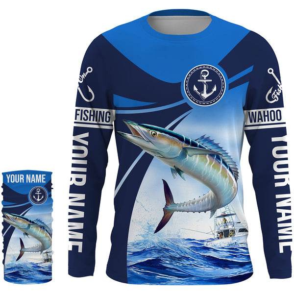 Wahoo fishing blue sea underwater ocean saltwater Custom Name performance long sleeve fishing shirt NQS3745