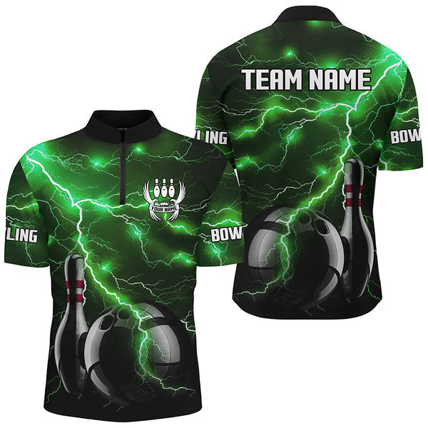 Green Lightning Thunder Black Bowling Polo, Quarter zip Shirt for men custom storm bowling team jersey NQS8457