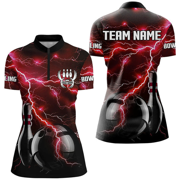 Red Lightning Thunder Black Women Bowling Polo, Quarter zip Shirt custom storm bowling team jerseys NQS8458