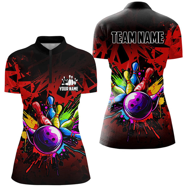 Colorful bowling jersey Polo, 1/4 Zip Shirt for Women Custom Bowling Team shirts for bowler| Red NQS8257