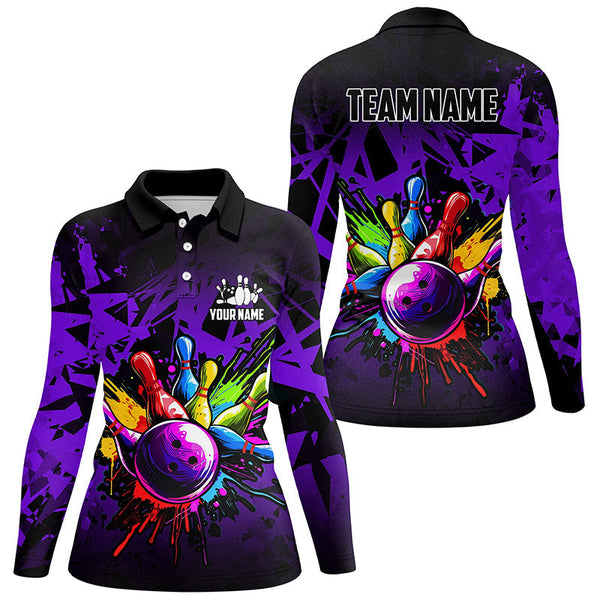 Colorful bowling jersey Polo, 1/4 Zip Shirt for Women Custom Bowling Team shirts for bowler| Purple NQS8258
