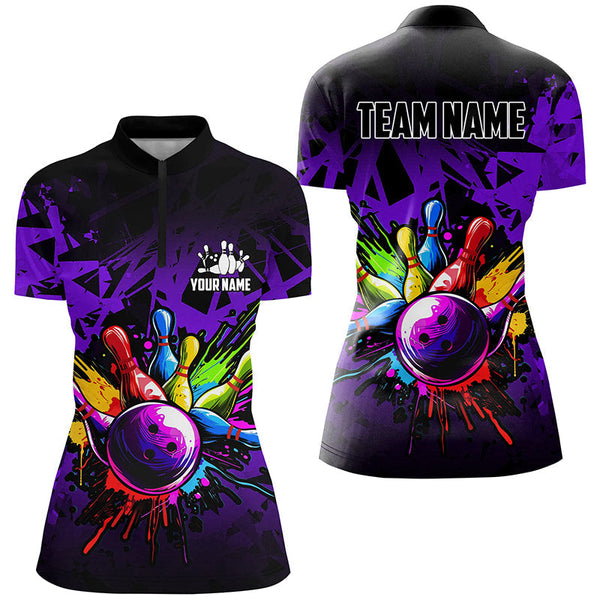 Colorful bowling jersey Polo, 1/4 Zip Shirt for Women Custom Bowling Team shirts for bowler| Purple NQS8258