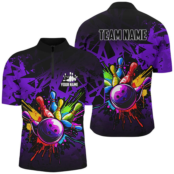 Colorful bowling jerseys Polo, 1/4 Zip Shirt for Men Custom Bowling Team shirts for bowler | Purple NQS8258