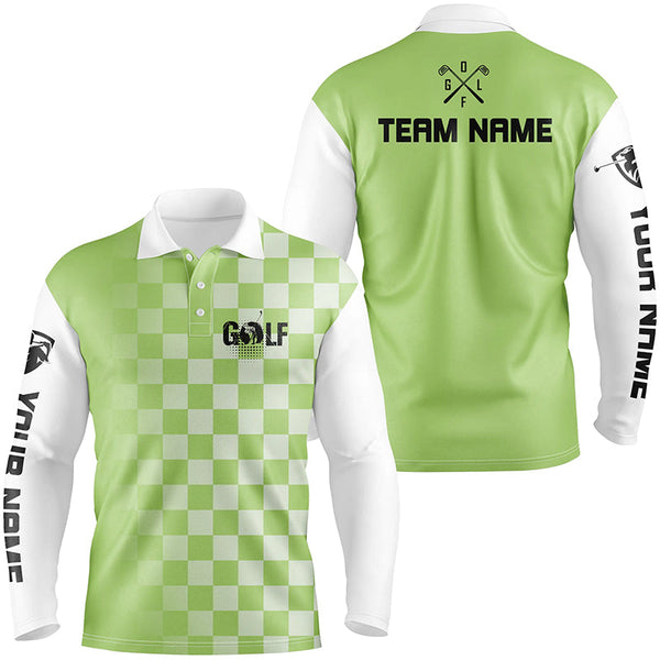 Mens golf polos shirts custom name green checkered pattern golf shirts for men, golf gifts NQS4560