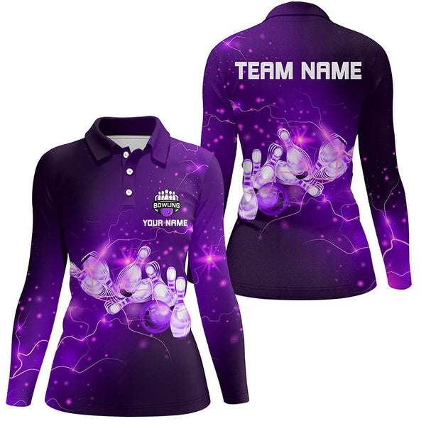 Womens Bowling Polo Shirt Custom Purple flashes of lightning thunder bowling team Ladies bowler Jersey NQS7045
