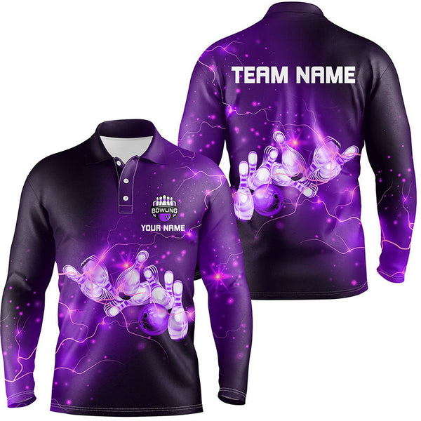 Mens Bowling Polo Shirts Custom Purple flashes of lightning thunder bowling team Mens Bowler Jerseys NQS7045