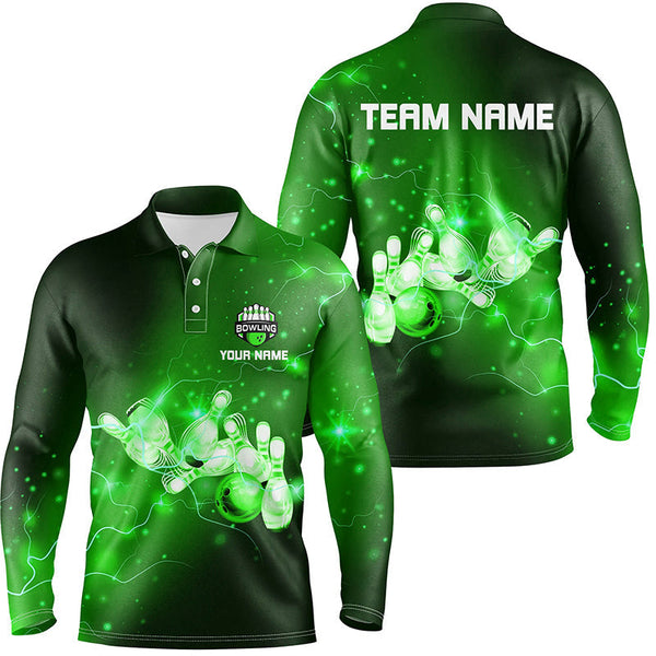 Mens Bowling Polo Shirts Custom Green flashes of lightning thunder bowling team Mens Bowler Jerseys NQS7046